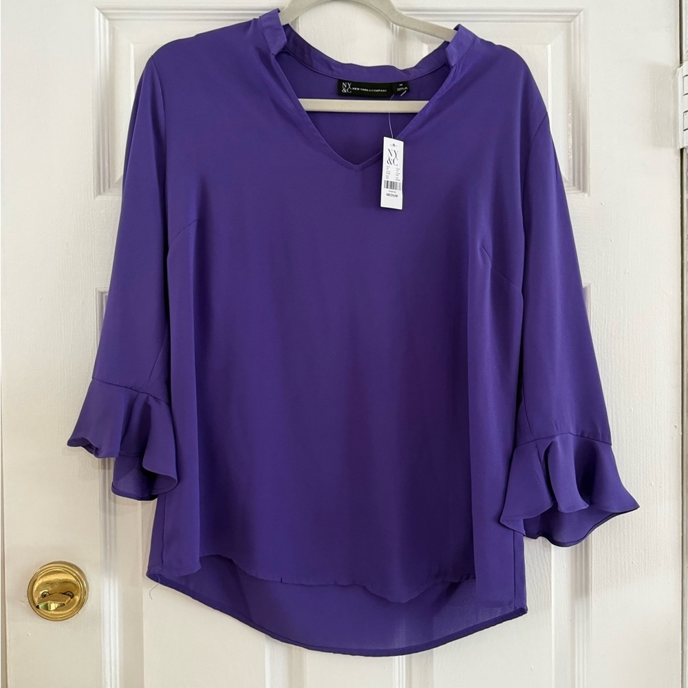 New York & Company Purple Blouse with Ruffle Sleeves